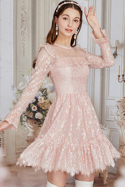 Pink Vintage Lace Round Collar Flower Embroidery Trumpet Sleeves Irregular Hem Sweet Lolita OP Dress