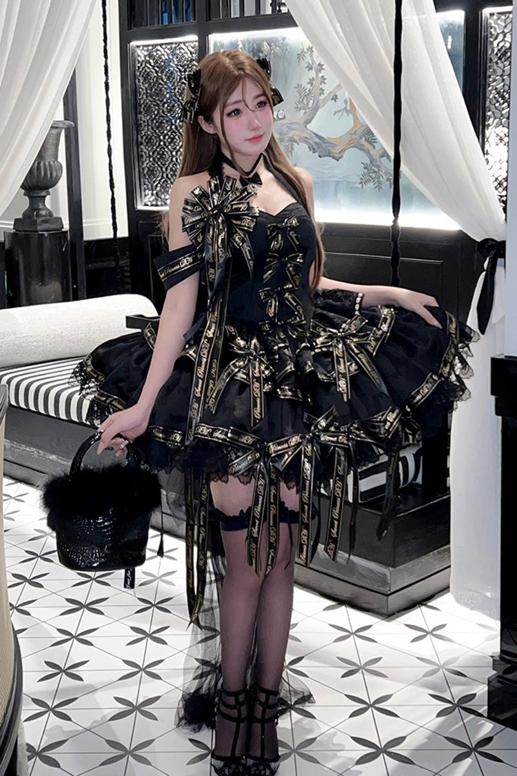 Black Young Lady Halterneck Sleeveless Multi-Layered Ruffle Bowknot Elegant Princess Gothic Lolita Dress