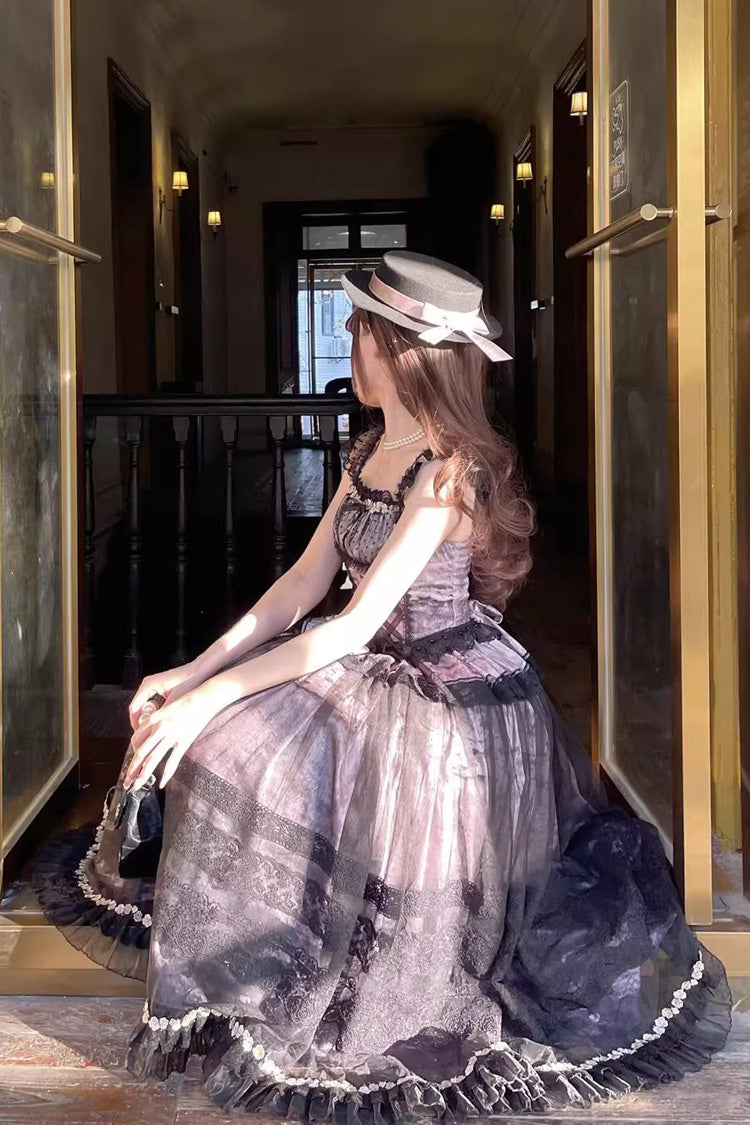 Grey/Pink Mist-shrouded Vineyard Sleeveless Ruffle Bowknot Lace-Up Sweet Lolita Jsk Skirt Dress Set