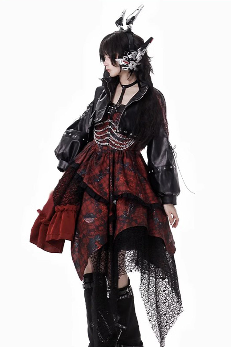 Red Strawberries of Blood and Tears Sleeveless Print Ruffle Bowknot Lace Asymmetric Gothic Lolita Jsk Dress