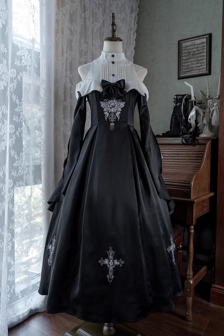 Black Cross Nun Stand Collar Off Shoulder Print Bowknot Gothic Elegant Lolita Dress