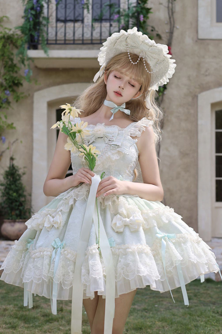 Green Blossoming Heart Love  Sleeveless Dark Jacquard Print Bowknot Lace Sweet Lolita Jsk Dress