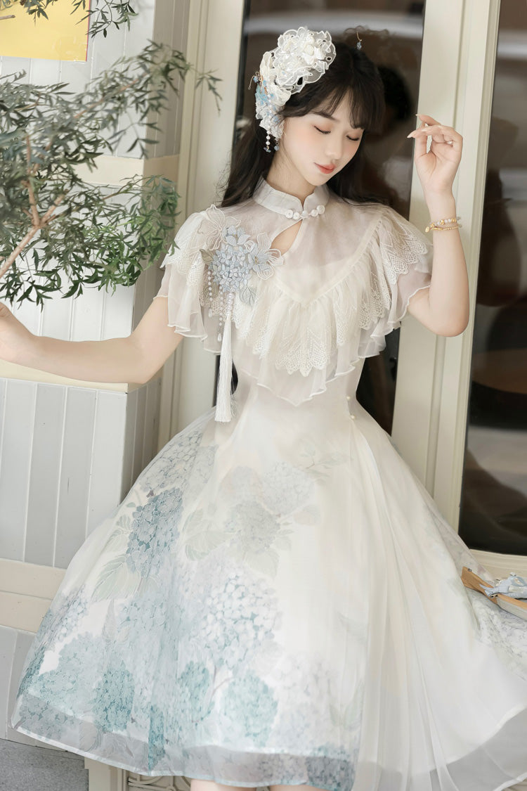 White Hydrangea Message Short Sleeves Print Ruffle Lace Sweet Chinese Style Elegant Lolita Short Dress