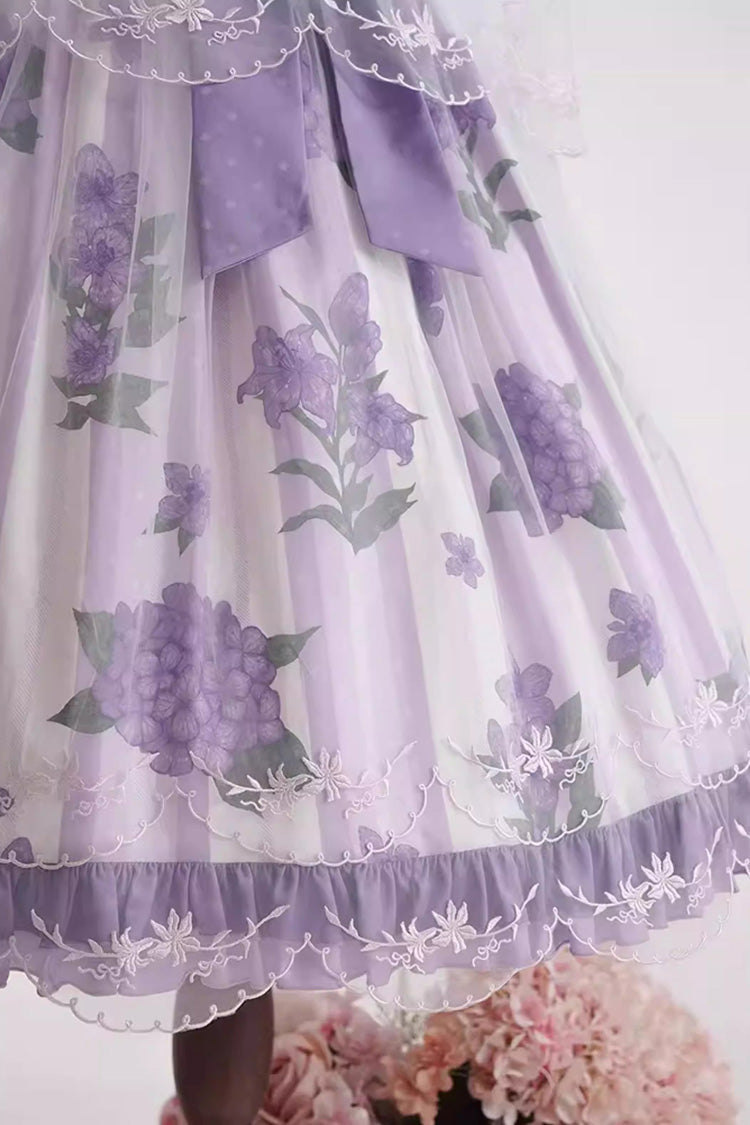 Purple Endless Summer Round Collar Sleeveless Hime Sleeves Printed Ruffled Bow Lace Sweet Lolita Dress