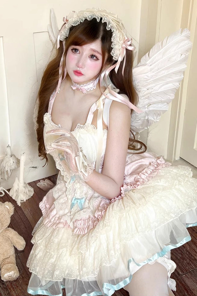 Pink/Beige Sweet Dream Peach Sleeveless Multi-Layered Ruffle Bowknot Lace Sweet Ballet Lolita Jsk Dress
