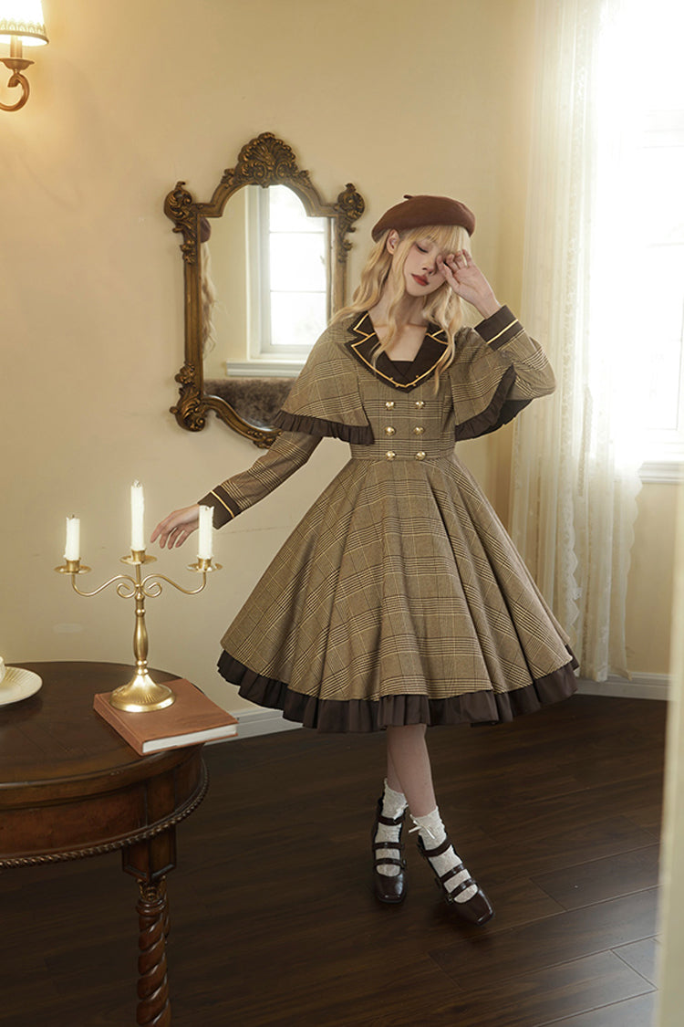 Brown Baker Street Stories Stripe Print Ruffle Fake Two Pieces British College Style Classic Lolita Dress