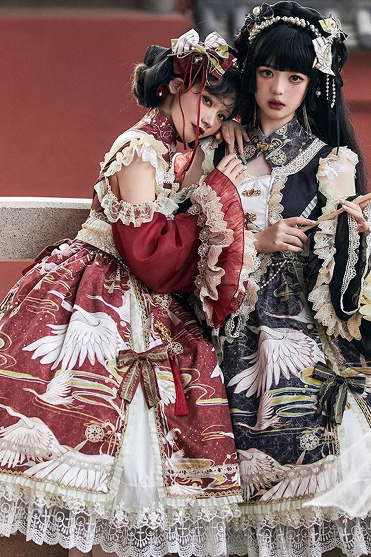 Chinese Style Long Sleeves Print Ruffle Lace Sweet Lolita Dress 3 Colors