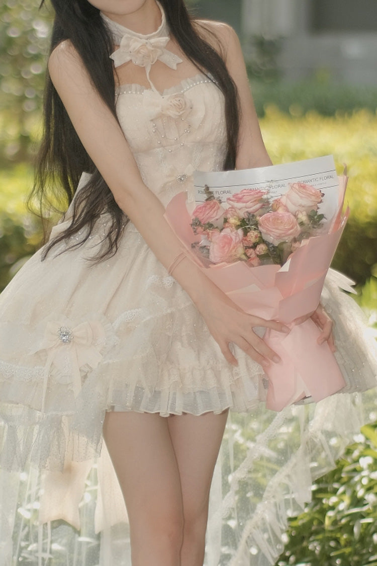 Ivory Galaxy Flower Language Multi-Layered Ruffle Bowknot Sweet Lolita Tube Top Dress