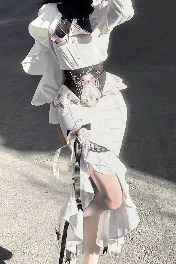 White Star Gate Jacquard Embroidery Bowknot Irregular Sweet Elegant Princess Lolita Skirt