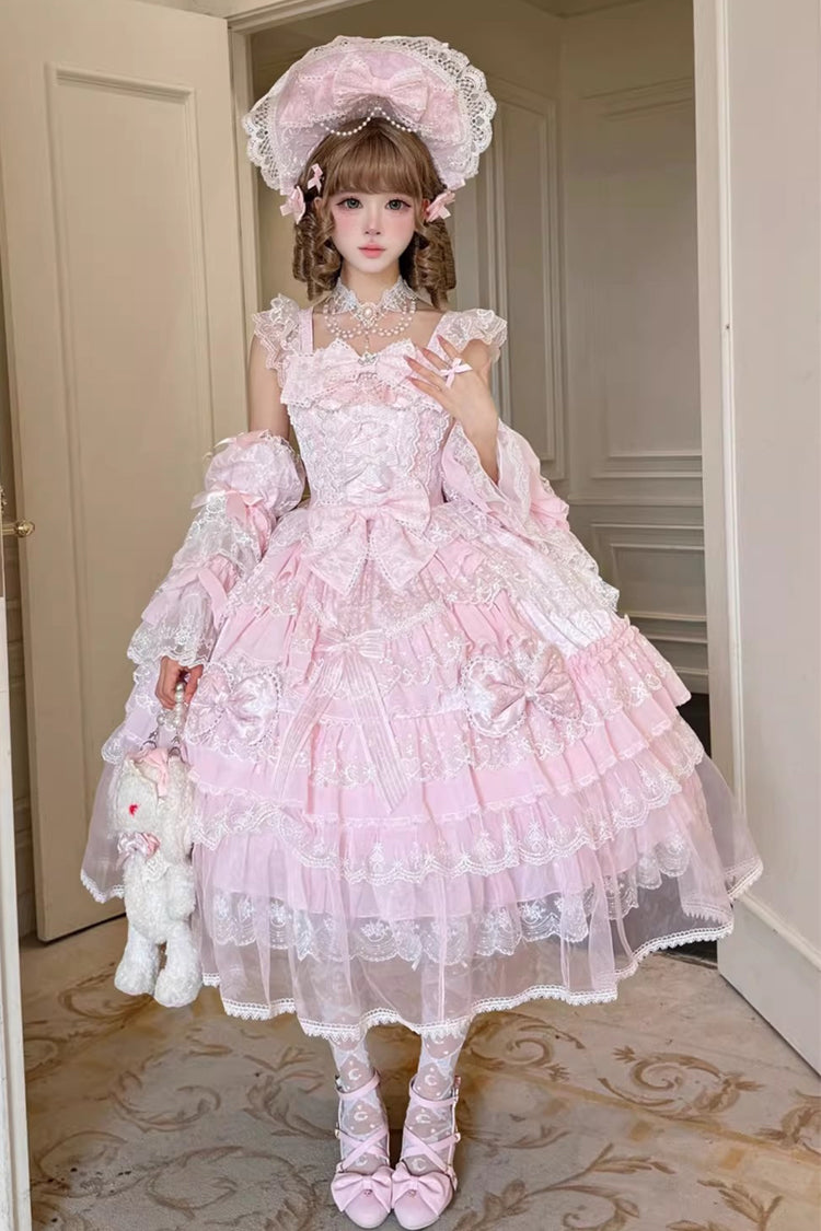 Pink Prelude of Spring Sleeveless Multi-Layered Ruffled Bow Lace Sweet Princess Lolita Jsk Dress