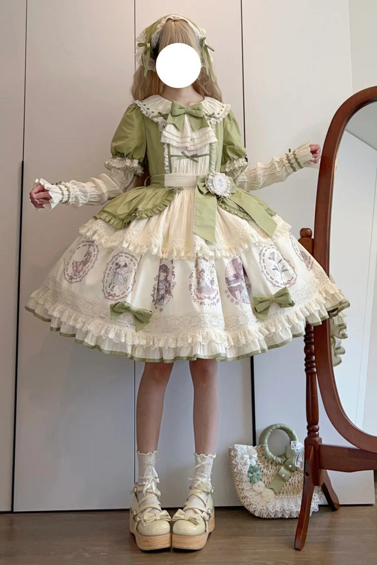 Green Little Ida's Flowers Short Sleeves Print Ruffle Bowknot Sweet Lolita Dress