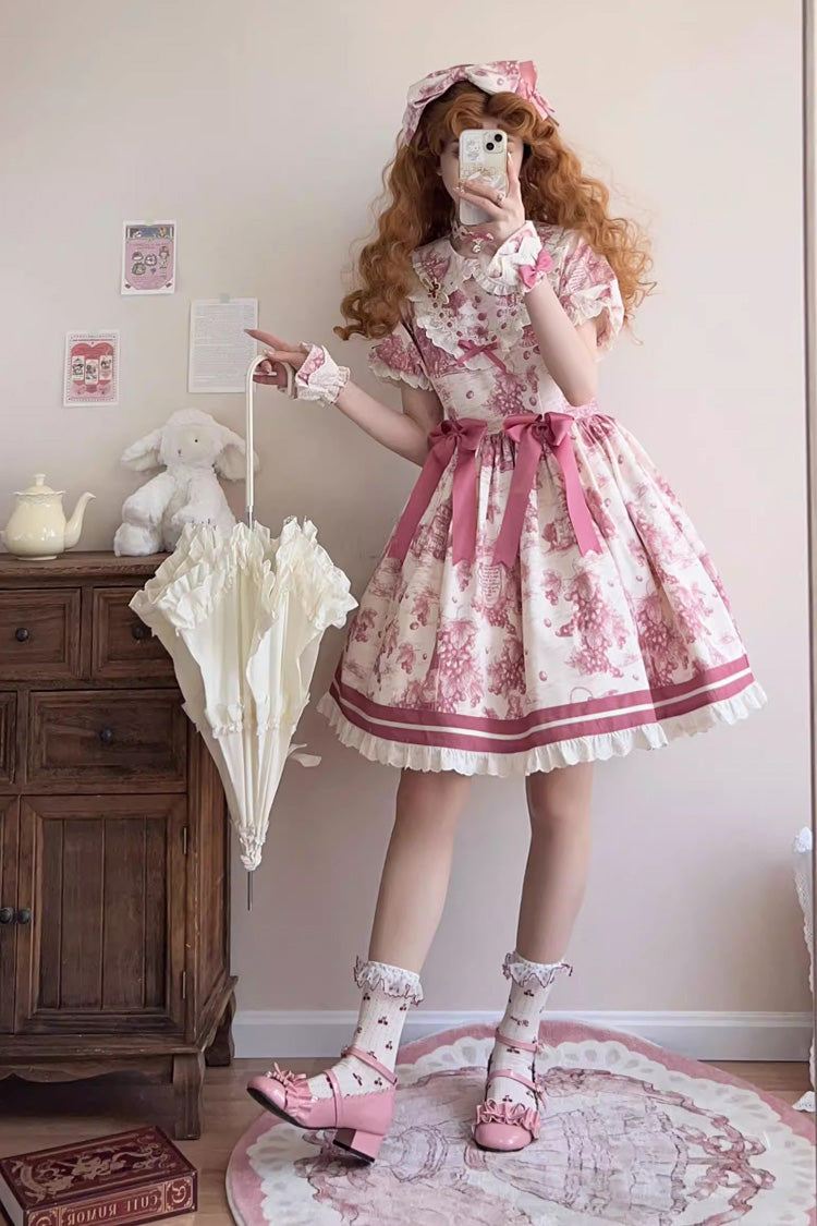 Rose Red Grape Moon Almanac Short Sleeves Multi-Layered Printed Ruffled Bow Sweet Lolita Dress