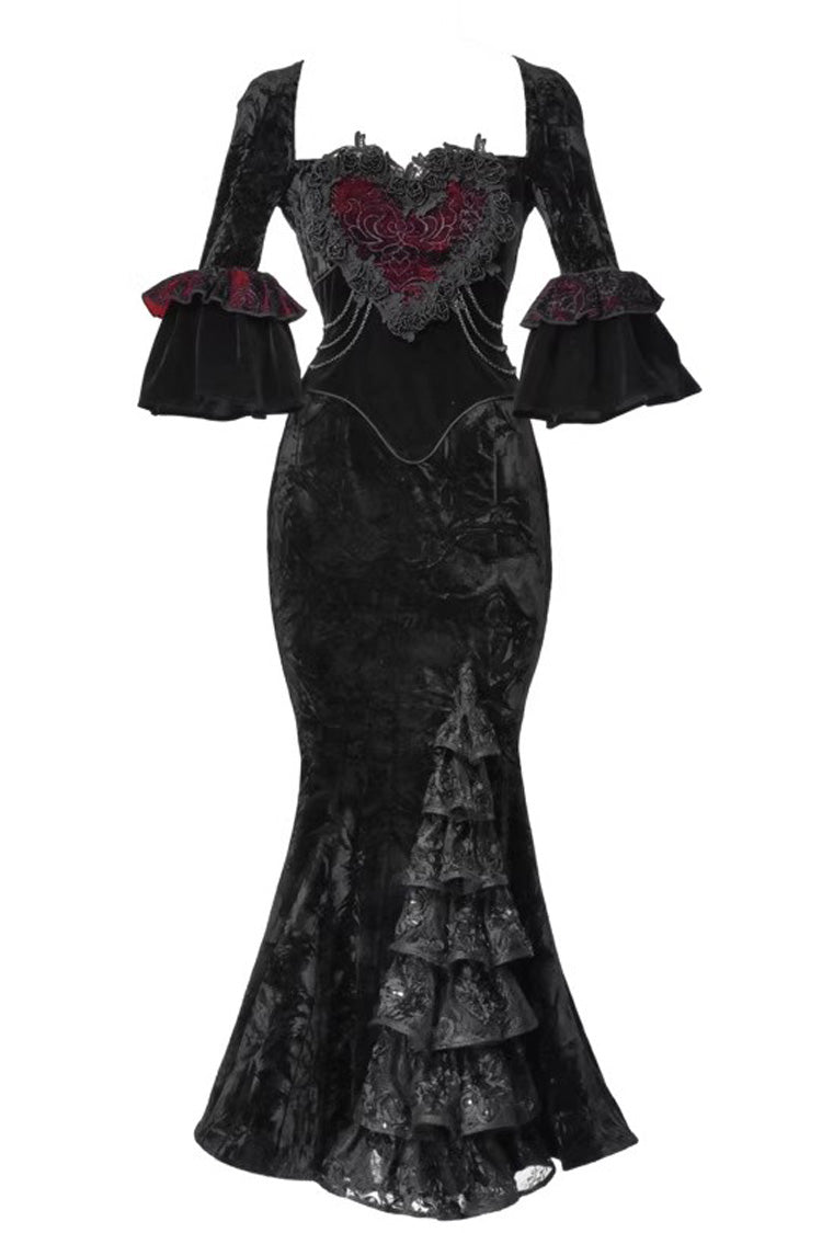 Black Castle of Dark Romance Square Collar Short Sleeves Multi-Layered Ruffled Embroidered Open-Front Lace Gothic Lolita Mermaid Dress