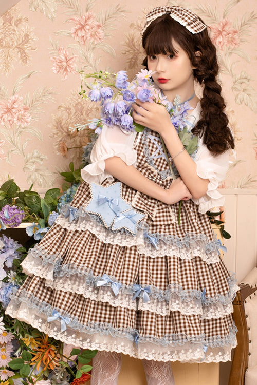 Brown Plaid Print Lace Layered Ruffled High Waist Sweet Lolita JSK Dress