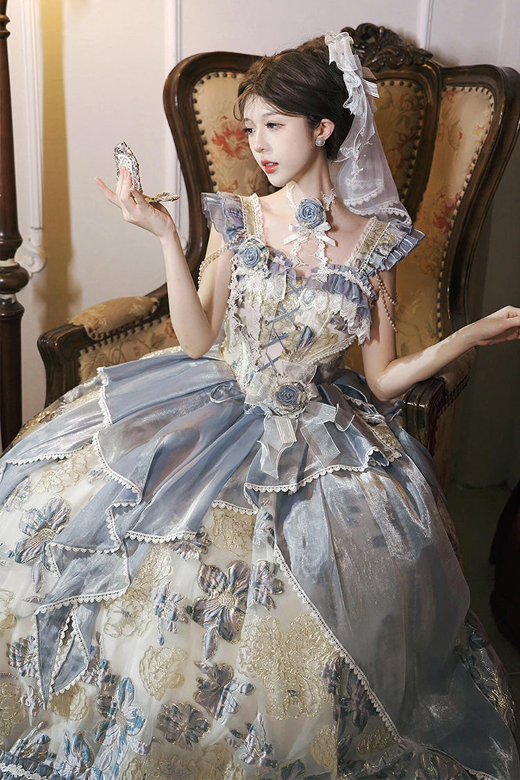 Blue Jacaranda Off Shoulder Short Sleeves Printed Ruffled Embroidered Bow Lace-Up Sweet Elegant Princess Lolita Dress