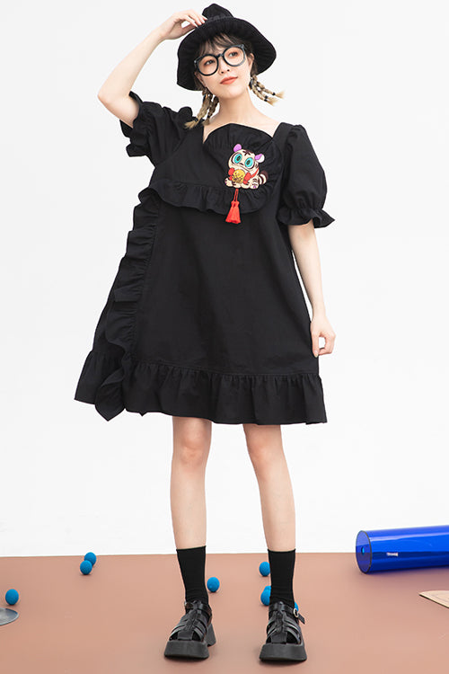 Black Ruffled Square Collar Cute Tiger Embroidered Bubble Short Sleeves High Waisted Sweet Lolita Dress