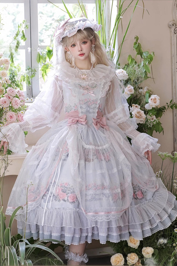 Multi-Color Rose Flower Cage Print Ruffle Bowknot Sweet Elegant Lolita Jsk Dress