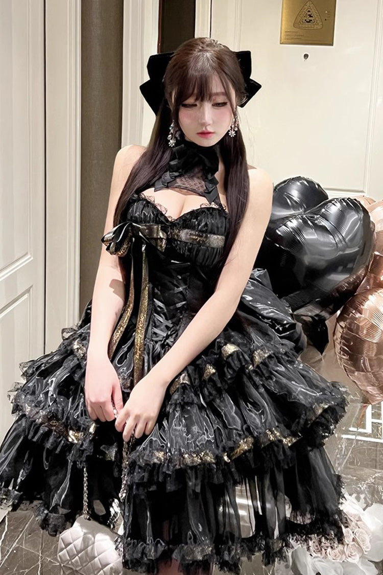 Black First Kiss Halterneck Triple-Layered Ruffle Lace Hot Stamping Gothic Princess Lolita Dress