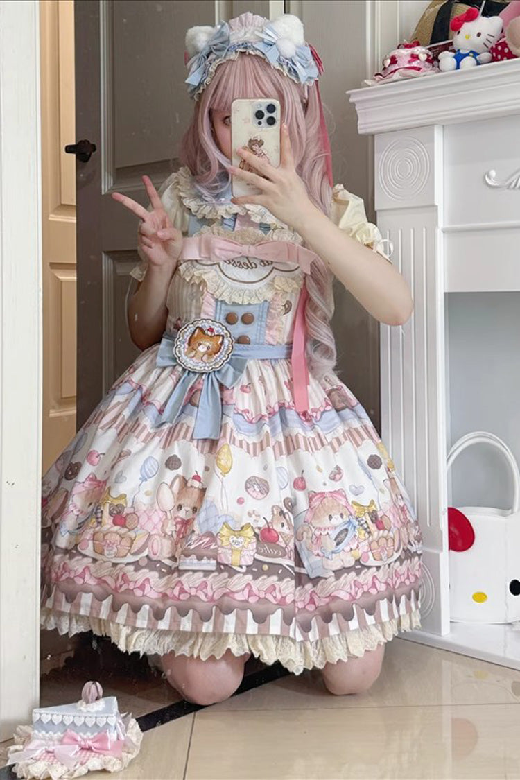 Multi-Color Sleeveless Cat Dessert Print Ruffle Bowknot Lace Sweet Japanese Lolita Strap Dress
