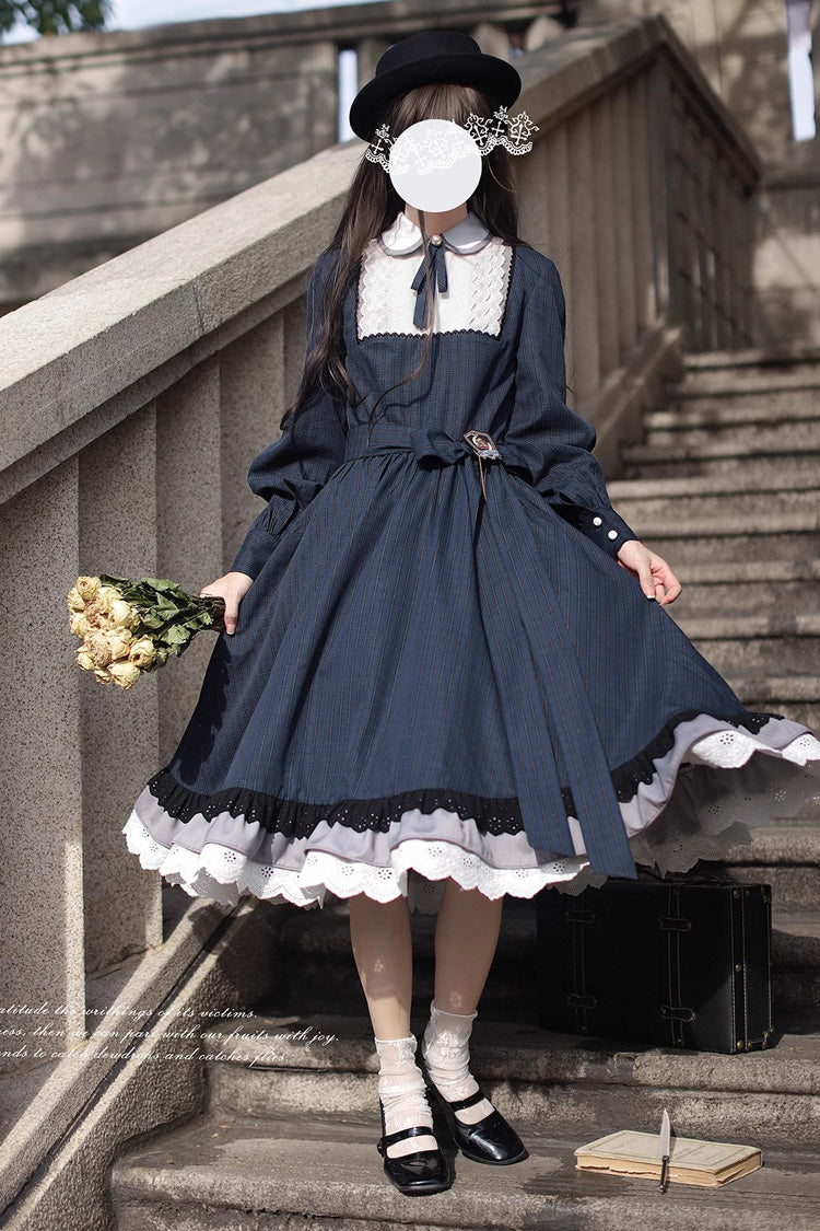 Dark Blue Phyllis Plaid Print Ruffle Bowknot Lace Vintage Elegant Lolita Dress