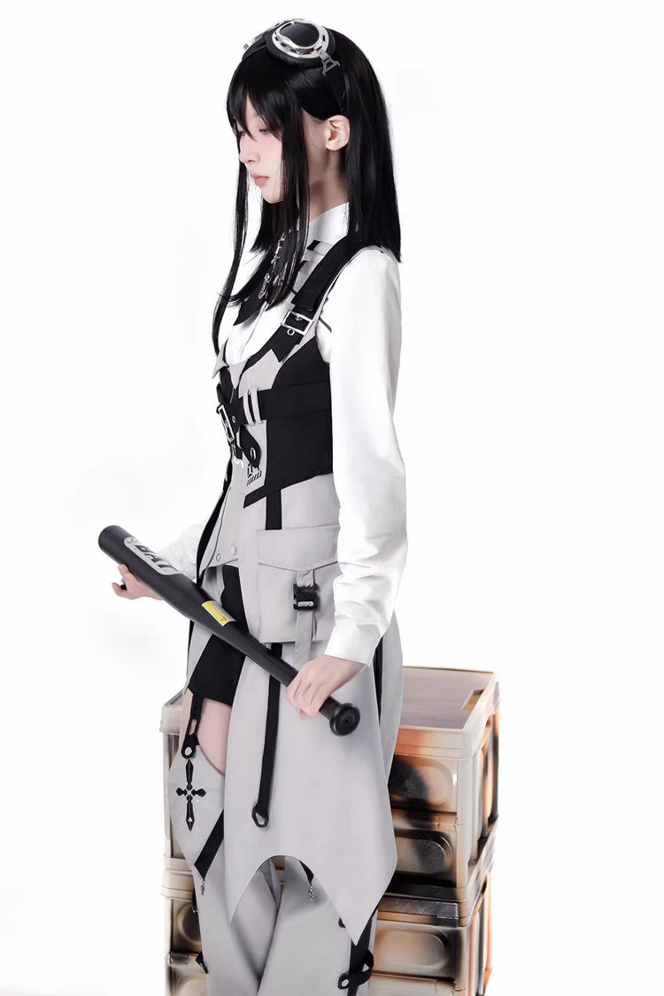 Black/White Long Sleeves Color Matching Handsome Sci-fi Lolita Skirt Set