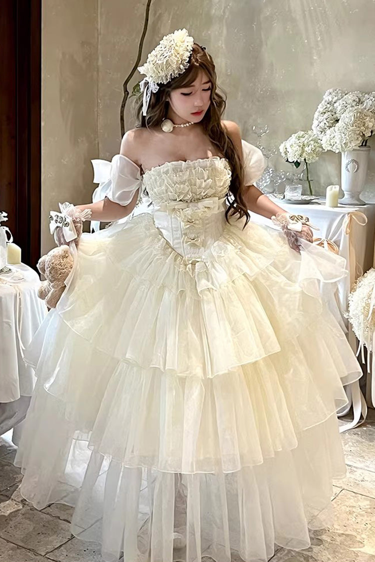 Beige Mousse Serenade Triple-Layered Ruffled Hanayome Bow Lace Sweet Princess Lolita Strapless Dress