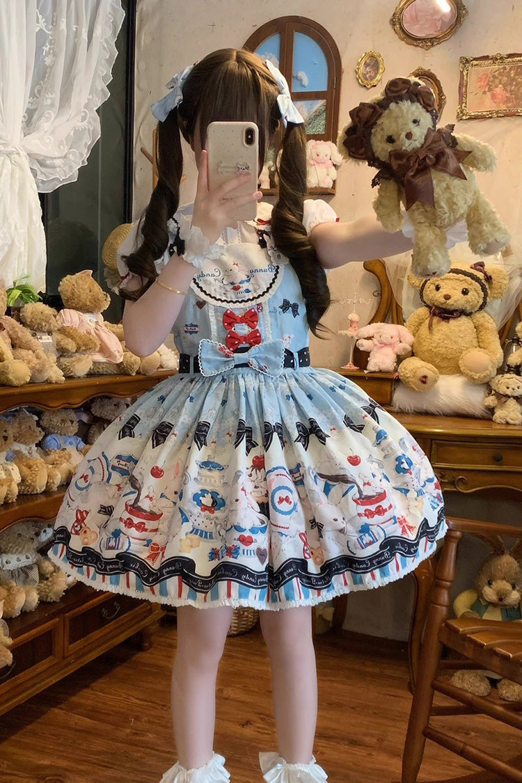 Blue Mystery Rabbit Tea Party Sleeveless Print Bowknot Lace Sweet Lolita Strap Dress