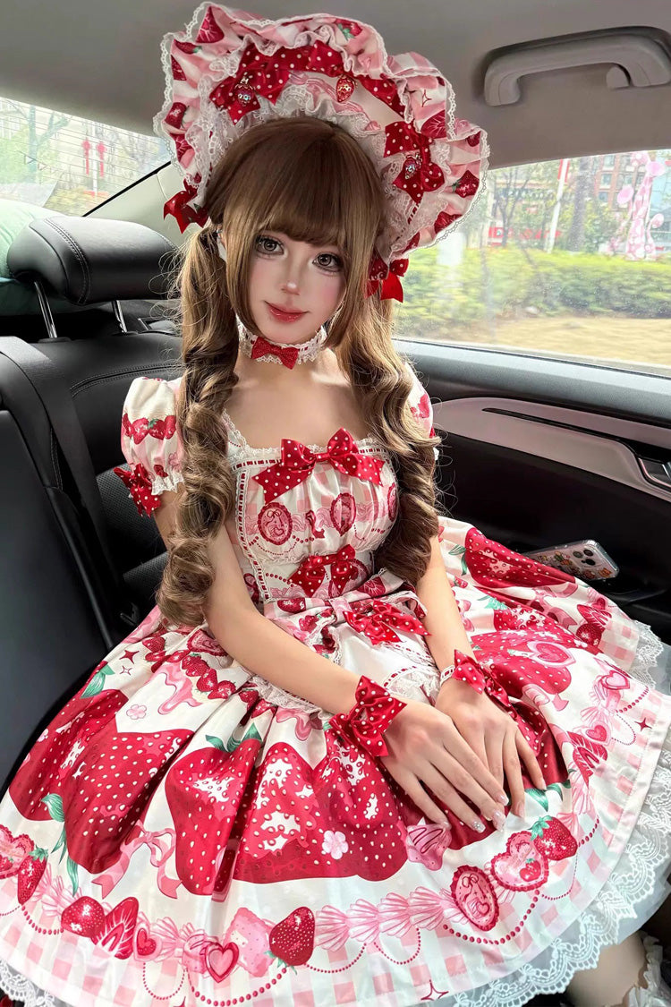 Dream to Strawberry Print Short Sleeves Ruffle Bowknot Lace Sweet Lolita OP Dress 4 Colors