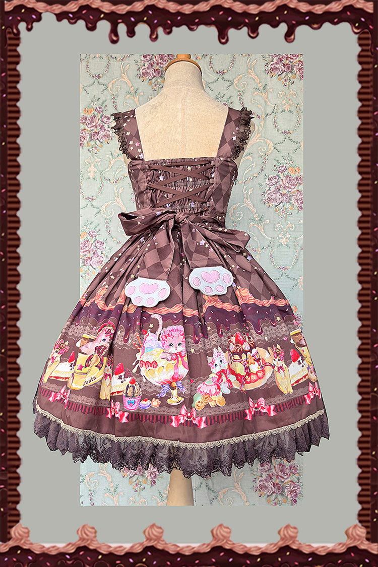 Cream Meow Sleeveless Print Bowknot Lace Sweet Lolita Jsk Dress 3 Colors