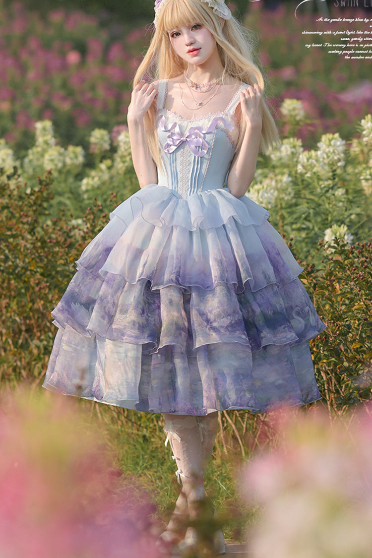 Multi-Color Three-layer Swan Lake Print Oil Painting Ruffle Bowknot Sweet Lolita Jsk Dress