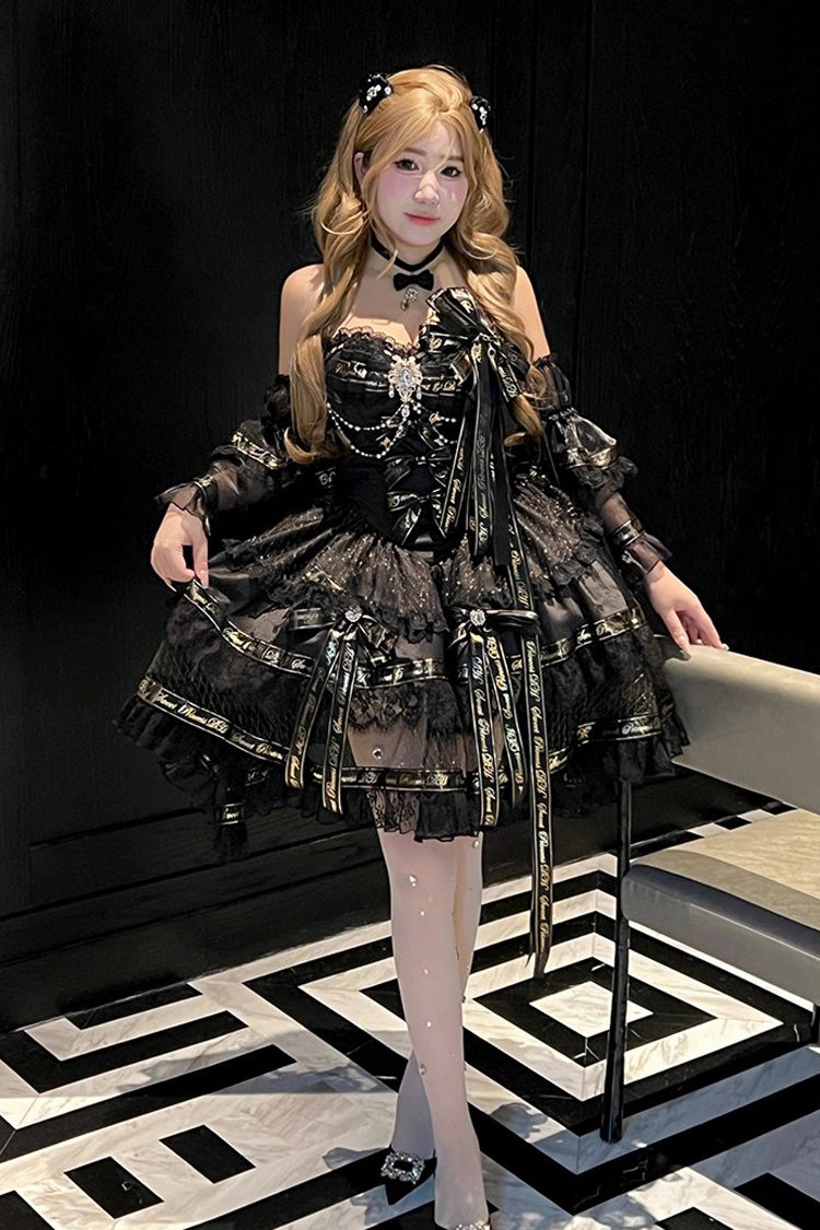 Black Golden Obsidian Night Sleeveless Double-Layered Ruffle Bowknot Pearl Gothic Princess Lolita Dress
