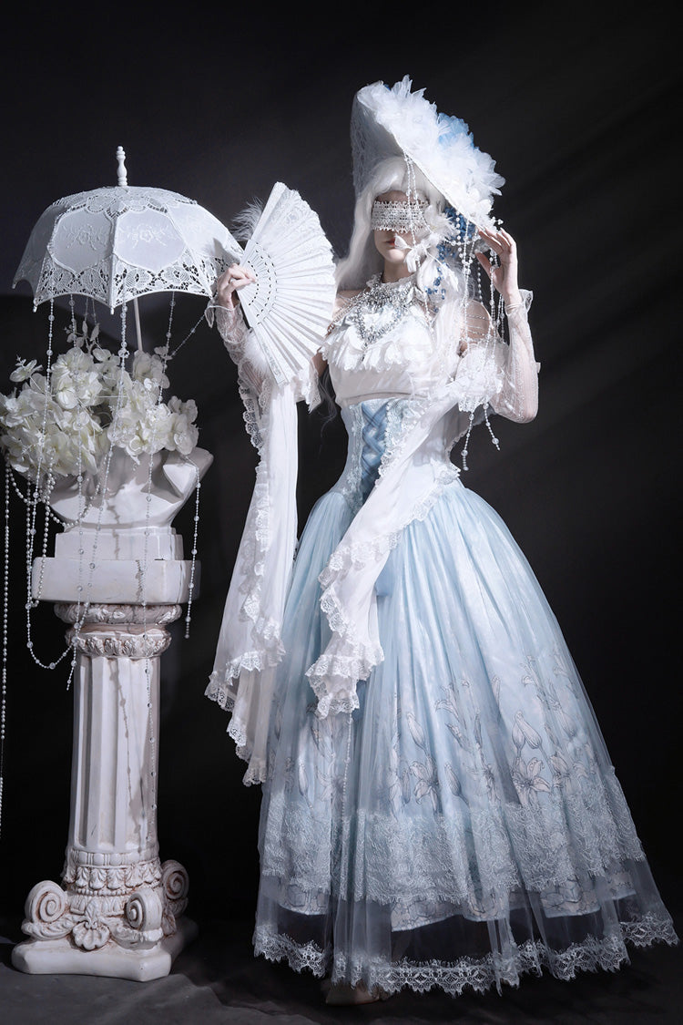 Blue Snow Lily Print Ruffle Hanayome Embroidery Bowknot Lace-Up Sweet Elegant Princess Lolita Skirt Set