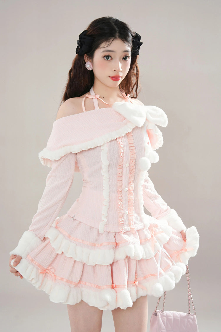 Pink Long Sleeves Ruffle Bowknot Lace Sweet Princess Lolita Tiered Top Skirt Set
