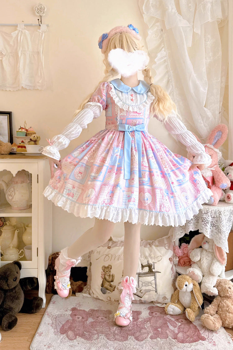 Sweetheart Bunny Bear Lapel Collar Long Sleeves Print Ruffle Bowknot Sweet Lolita Dress 3 Colors