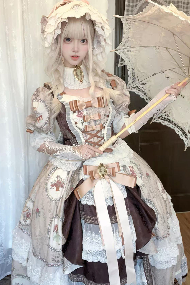 Brown Baker Street Tea Party Short Sleeves High Waisted Print Ruffle Embroidery Cardigan Bowknot Lace-Up Classic Vintage Princess Lolita Dress