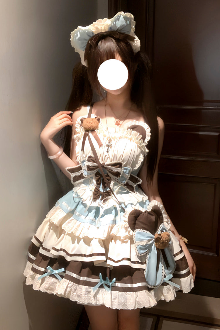 Green/Chocolate First Love Bear Multi-Layered Ruffle Bowknot Lace Sweet Lolita Jsk Dress