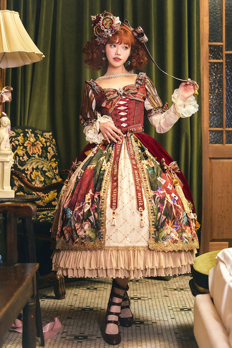 Red Kaleidoscope of Dreams Double-Layered Print Embroidery Bowknot Lace-Up Classic Vintage Gorgeous Lolita Dress