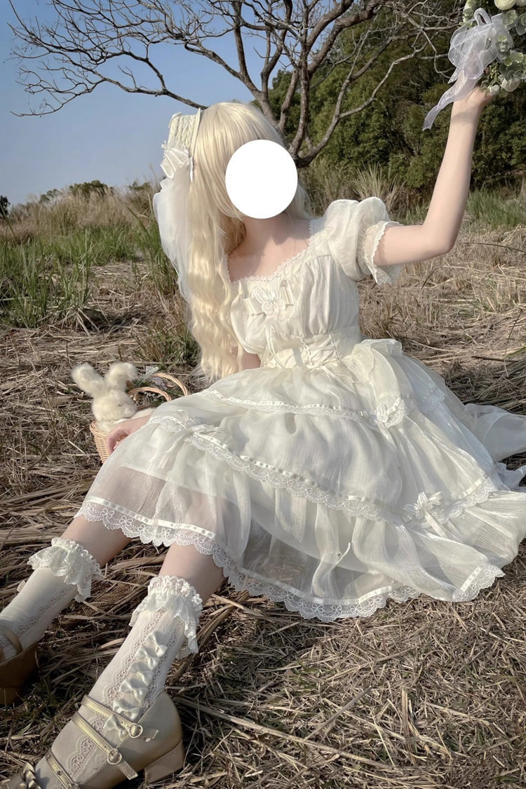 Ivory Square Collar Short Sleeves High Waisted Multi-layer Ruffle Sweet Plus Size Lolita Dress