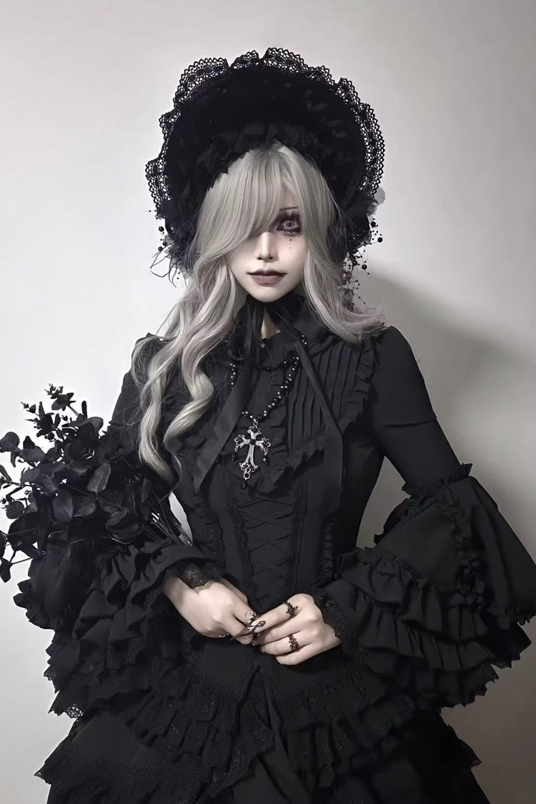 Black Immortal Phoenix Long Hime Sleeves Multi-Layered Ruffled Bow Lace-Up Gothic Lolita Skirt Dress Set
