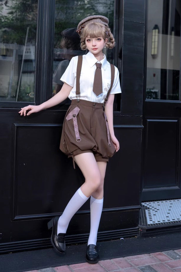 Brown Bunny Detective Short Sleeves Prince Ouji Lolita Shorts and Blouse Set