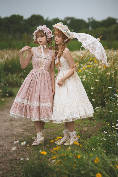 Pink Solid Color Elegant Vintage Rose Multi-Layer Embroidery Ruffled Sweet Lolita JSK Dress