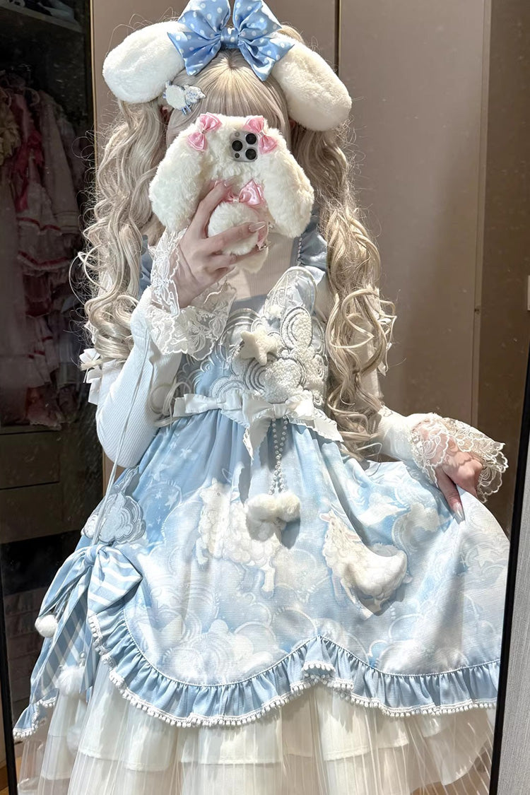 Blue Cloud Dreamland Cut-Out Embroidered Bow Lace Asymmetric Sweet Elegant Lolita Jsk Dress Set