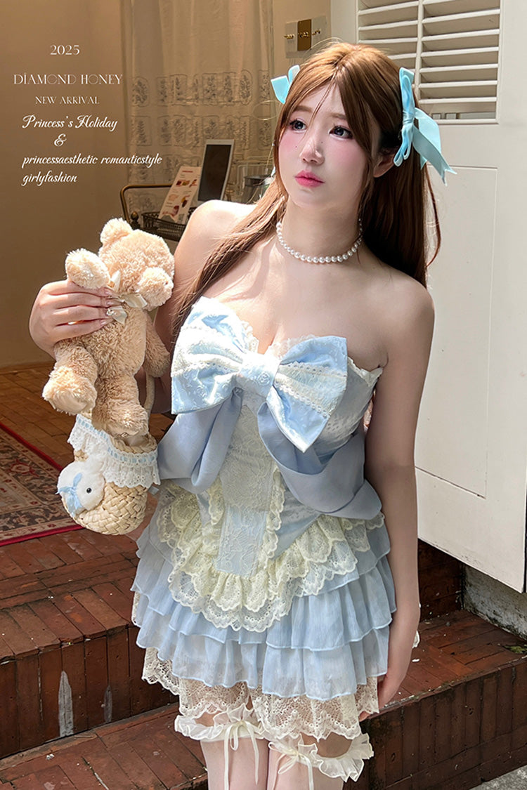 Blue Antique Girl Sleeveless Double-Layered Ruffle Bowknot Lace Sweet Lolita Two-piece Skirt Set