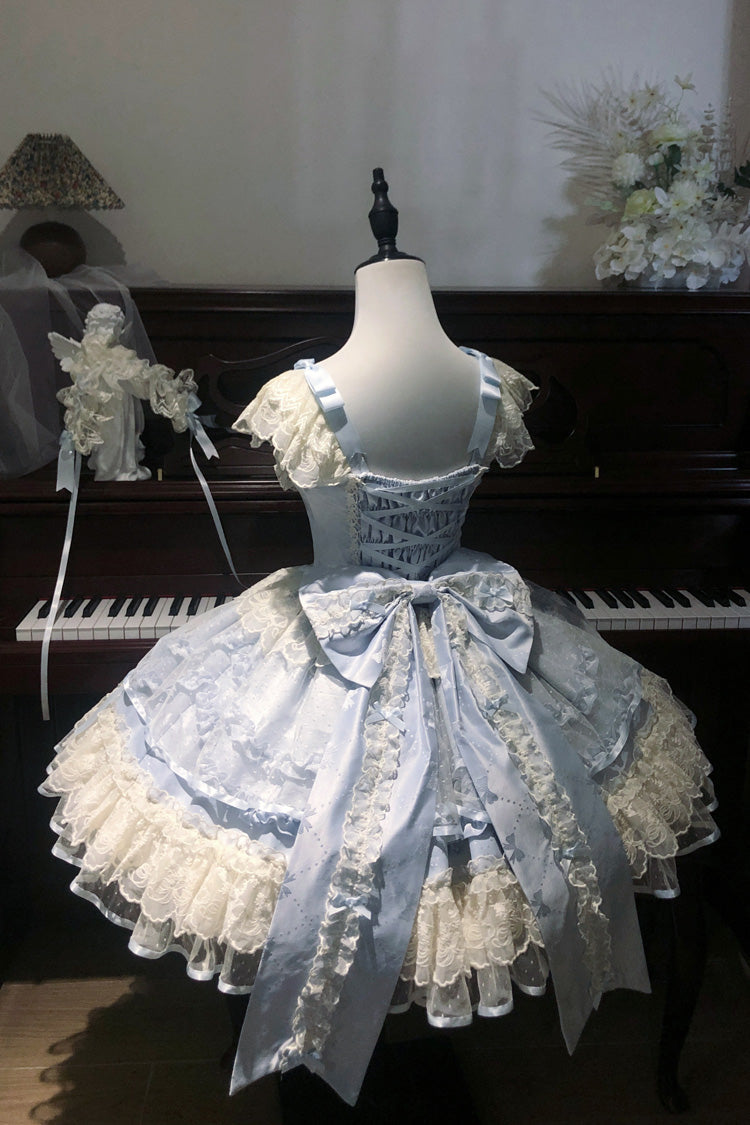 Blue Dreaming Butterfly Multi-Layered Jacquard Ruffle Bowknot Lace Sweet Princess Lolita Jsk Dress