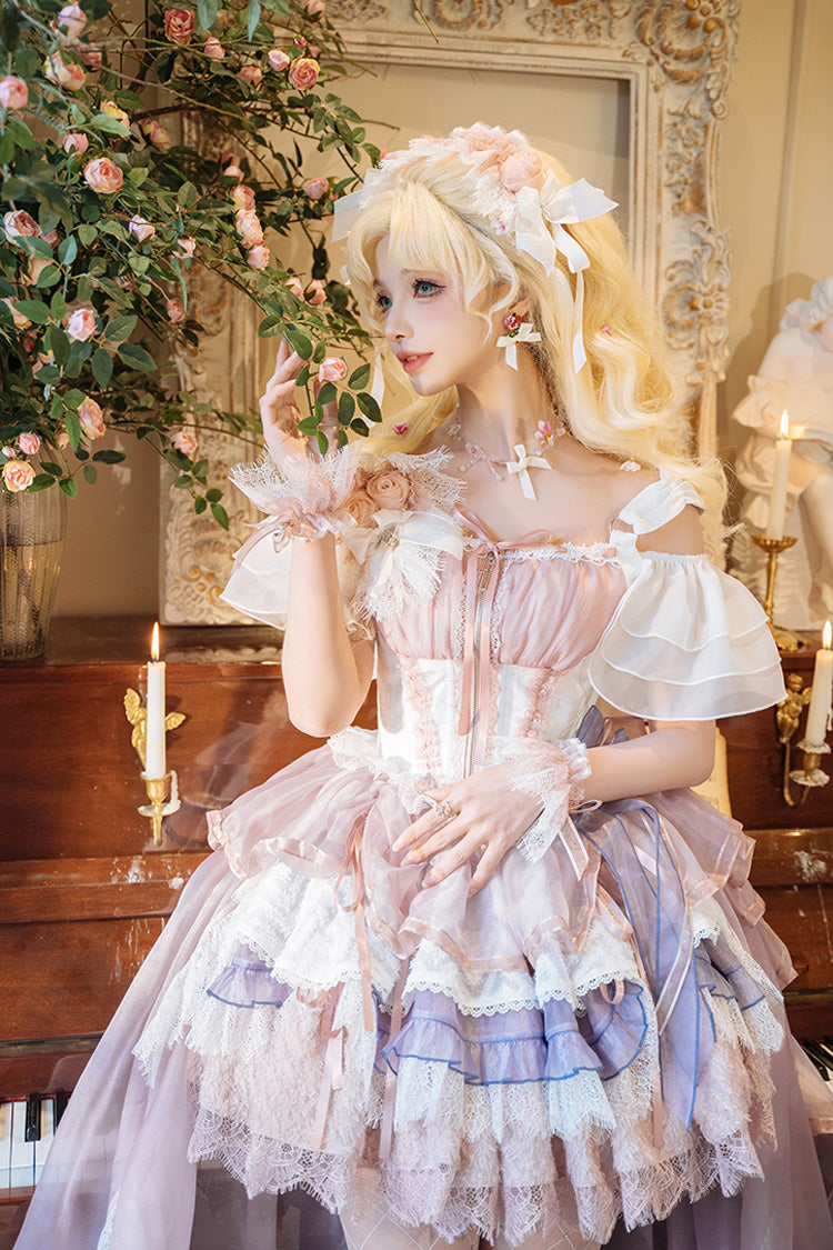 Pink/Purple Rose Memoirs Sleeveless Multi-Layered Bowknot Lace Sweet Lolita Skirt Set
