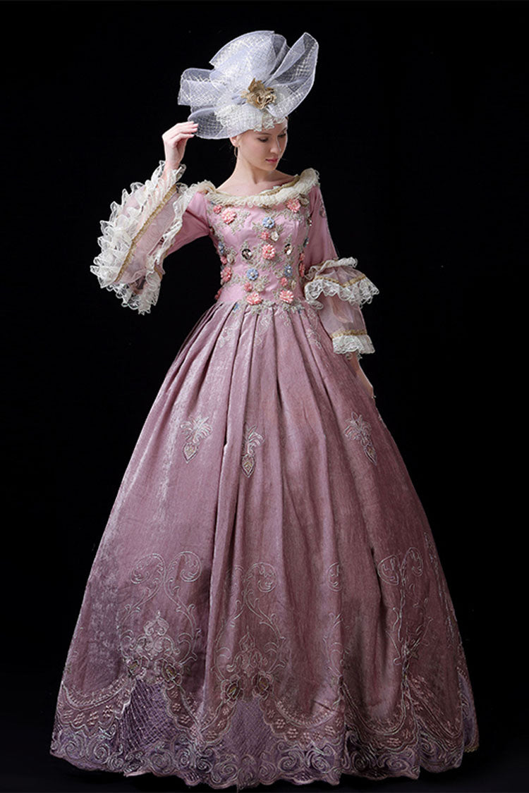 Pink Multi-Layer Trumpet Sleeves High Waisted Three Dimensional Flower Hollow Embroidery Print Victorian Lolita Prom Dress