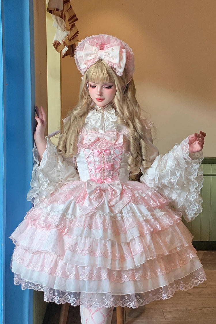 Pink/White Love Overture Multi-Layered Ruffle Bowknot Lace Sweet Lolita Jsk Dress