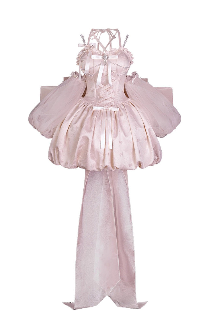 Pink The Runaway Princess Sleeveless Ruffle Bowknot Lace-Up Sweet Lolita Jsk Tulip Dress Set