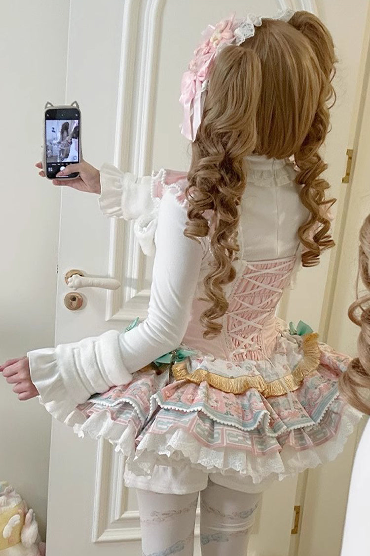 Pink Candy House Multi-Layered Print Ruffle Bowknot Lace-Up Sweet Ballet Lolita Jsk Dress