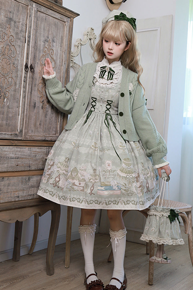 Iris Study Square Collar Print Bowknot Lace-Up Sweet Lolita Jumper Dress 2 Colors